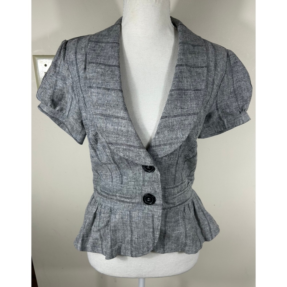 VTG Y2K My Michelle Structured Blazer Top Womens M Grey Linen Cotton S/S Peplum